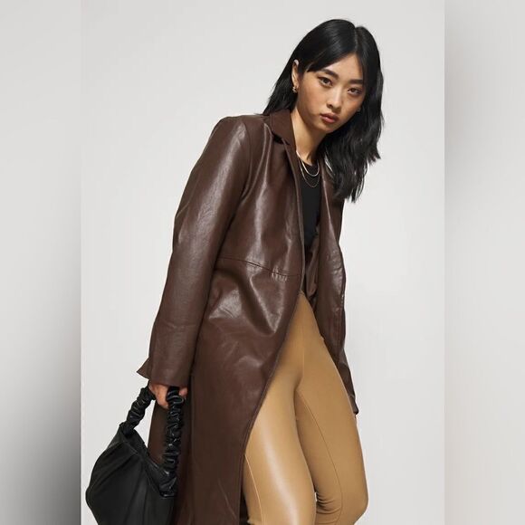 NWT Brown vegan leather trench coat jacket - Picture 5 of 11